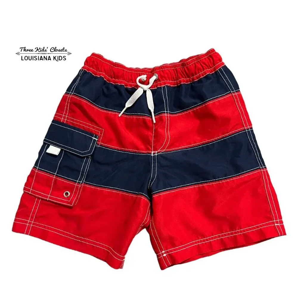 Hanna Andersson Sz 120 (6-7Y) Red & Navy Striped Swim Trunks